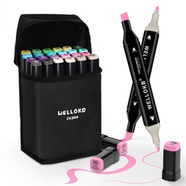 WELLOKB Alcohol Markers, 24 Colors Dual Tip Blender Art Markers for Coloring, Illustrations, and Sketching, Alcohol Markers Set, Alcohol Based Markers with Carrying Case