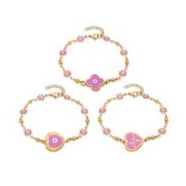 JMTOBETOP 3Pcs Evil Eye Protection Blessing Lucky Bracelet for Women,14K Gold Plated Stainless Steel Amulet Hamsa Hand Bracelets, Compass Heart Cross Four-leaf Clover Wing Charm link Chain Bracelet,