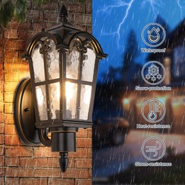 Outdoor Wall Light Fixtures, Black & Gold Exterior Waterproof Porch Lights, Vintage Outside Wall Sconces with Water Ripple Glass for House Front Door Garage, 2 Pack