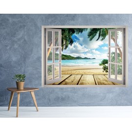 West Mountain Caribbean Beach Tropical View Window 3D Wall Decal Art Removable Wallpaper Mural Sticker Vinyl Home Decor W63 (Large (49''W x 35''H))