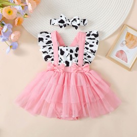 Newborn Baby Girl Bodysuit Tulle Romper Dress Infant Ruffle Sleeve Jumpsuit Bowknot Headband Summer Clothes Set (Cow Pink, 12-18 Months)