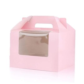 Selecto Bake 3 Pack Cupcake Box with Window, Insert and Handle Holds 4 Standard Cupcake, Kraft Paper Container, Holder Carrier Bakery Pastry Boxes for Cupcake, Muffin (Pink)