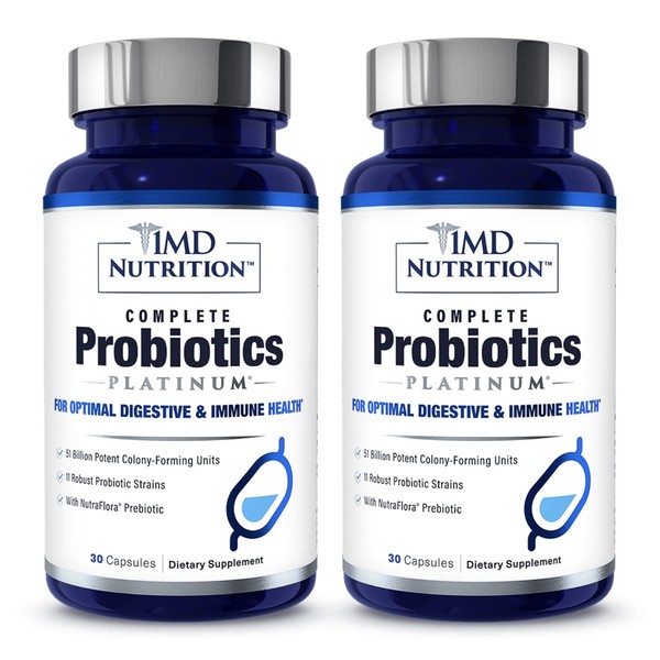 1MD Complete Probiotics Platinum | Supports Digestive Health | with Nourishing Prebiotics, 51 Billion Live CFU, 11 Strains, Dairy-Free | 30 Vegetable Capsules (2-Pack)