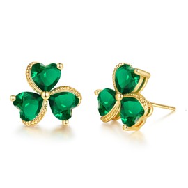 VONSSY Elegant Clover Stud Earrings | Emerald Green Gemstone Irish Shamrock Earring | Platinum Gold Plated | Meaningful Jewelry Gift for Women Mother Girlfriend
