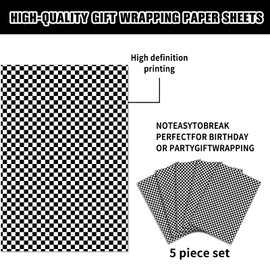 5 Sheets Folded Race Car Wrapping Paper Checkered Party Gift Wrapping Paper for Kids Birthday,Shower,Celebration DIY Crafts Gift Packing, 20 x 30 Inch