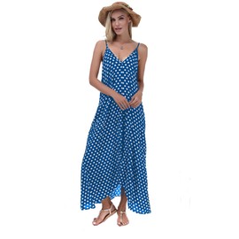 LILBETTER Women V-Neck Polka Dot Print Spaghetti Strap Boho Long Maxi Dresses(Light Blue,Medium)