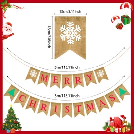 G2PLUS Merry Christmas Burlap Bunting Banner, Burlap Merry Christmas Banner with Snowflakes, Rustic Christmas Garland with 18 Flag Pennants, Christmas Hessian Bunting for Xmas Decoration