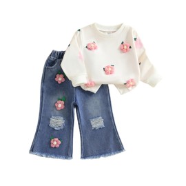Toddler Girls Outfits 0-7 Years Long Sleeve Crochet Floral/Strawberry Embroidery Sweatshirt Pullover Tops with Flare Jeans Elastic Denim Pants Sets 2Pcs Girl Clothing (Pink, 3-4 Years)