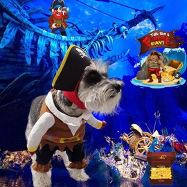 Dog Pirate Costume Pirates of The Caribbean Style Cat Costumes 2PCS Funny Halloween Dog Outfit with Hat Small Medium Pet Cosplay Clothes Cute Captain Apparel Party Dress (Pirate Captain Doll, Large)