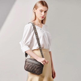 Telena Crossbody bags for Women Trendy Quilted Crossbody Bag Leather Camera Bag Purse with Wide Shoulder Strap Coffee