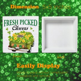 St. Patricks Day Decor - St Patricks Day Decorations Fresh Picked Clovers Wood Decorative Box Sign - Home Decor for Desk Table Shelf 5 x 5 Inches