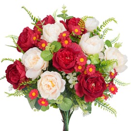 MHMJON Artificial Flowers Valentine's Day Decoration Silk Peony Bouquet Red Faux Spring Flowers Fake Floral Arrangements for Home Table Vase Wedding Centerpieces Bridal Bouquets Party Valentines Decor