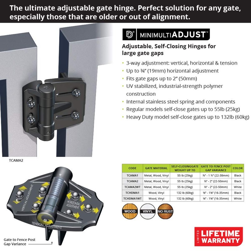 D&D Technologies TCAMA2 Multi-Adjust Regular Duty Gate Hinges, For Self