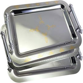 Maro Megastore (Pack of 3) 14.2 inch x 10.2 inch Octagonal Chrome Plated Silver Serving Tray with Handles Stylish Design Floral Engraved Edge Decorative Birthday Dessert Buffet Platter Plate NC-235