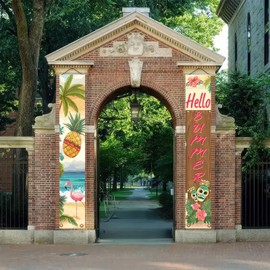 BlissYard 2pcs Hello Summer Door Banner Porch Sign Hawaiian Luau Party Decorations Hawaiian Banners Flamingo Hibiscus Tiki Aloha Decor Wall Hanging Banner for Outdoor Summer Tropical Party Supplies