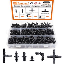 Dianrui 220PCS Drip Irrigation Fittings Kit, Barbed Connectors Parts 1/4'' Barbed Connectors Irrigation Fittings Kit for Garden Lawn Flower Pot Sprinkler Systems