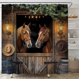 Western Horse Shower Curtain Wooden Barn Rustic Farmhouse Animal Cowboy Green Leaf Vine Country Farm Fabric Bathroom Curtain Set with Hooks