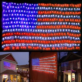 (New) American Flag Lights, Outdoor String Lights 420 LED Waterproof Led Flag Net Light Patriotic Ornaments for Outdoor Home Yard,Garden, Camping, Memorial Day, 4th of July, Christmas Decorations