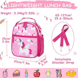 RAVUO Unicorn Lunch Bag, Water Resistant Insulated Cute Girls Lunch Box for Kids Reusable Lunch Tote with Detachable Shoulder Strap and Bottle Holder