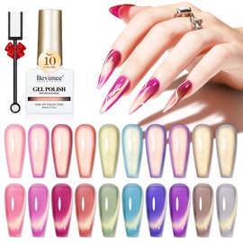 Bevimee Cat Eye Gel Nail Polish Set-10 Colors with Magnet Cats Eye Gel Polish Silver Pink Blue Jelly Glass Effect Crystal Glitter Cateye UV Kit Home Manicure DIY Nail Art