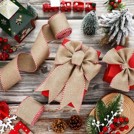 2 Rolls Christmas Wired Edge Ribbon 2.5" x 6 Yards Stripe Burlap Ribbons Christmas Wrapping Ribbon White and Red Stripe Fabric Craft Ribbon for DIY Wreath Wrapping Christmas Decoration