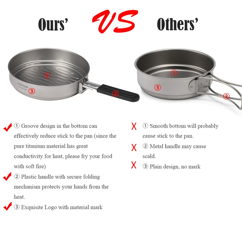 Lixada 1100ml Titanium Fry Pan Ultralight Grill Frying Pan with