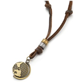 COOLSTEELANDBEYOND Vintage World Map Globe Pendant Antique Bronze Unisex Necklace for Mens Womens, Brown Leather Cord, Brown Leather, No Gemstone