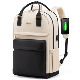 LOVEVOOK Laptop Backpack Womens, 17 Inch School Bags for Girls Travel Rucksack with USB Port Waterproof Back Pack for Work Business College School, Beige Black