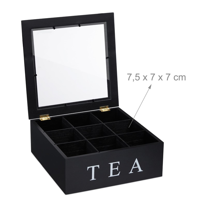 Relaxdays Tea Box, 9 Compartments, Tea Bag Storage, MDF, Acrylic,