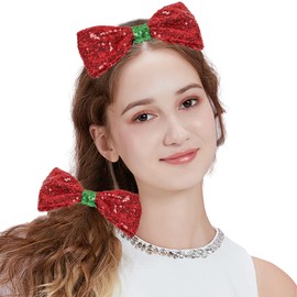 2Pcs Christmas Sequin Headband Hair Scrunch, Glitter Red Bow Headband Green Christmas Hair Scrunch Hairband Christmas Hair Accessory for Women Girls