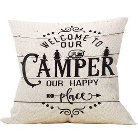 Mancheng-zi Welcome to Our Camper Our Happy Place Throw Pillow Case, Campers Gifts, Camper Decor, 18 x 18 Inch Trailer RV Pillow Decorative Linen Cushion Cover for Sofa Couch Bed