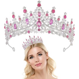Silver Pink Rhinestone Princess Crown Headband Hair Hoops Hair Accessories Bridal Hairbands Tiara Party Headwear Wedding for Bride, Bridesmaid, Princess, Girl