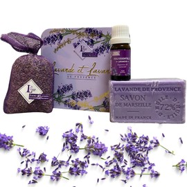 Lavender Set, Gift Woman Lavender, Lavendin Essential Oil, Natural Lavender Soap 100g and Lavender Scented Sack 18 Gr, Soap Bar, Lavender Oil and Reusable Storage Box.