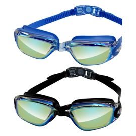 Yoocixu Swimming Goggles with Nose Clip and Ear Plugs, Anti-Fog Mirrored Lenses, Blue and Black