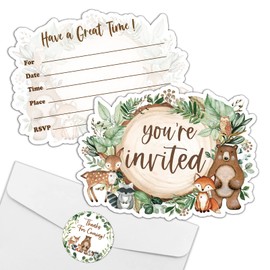REWIDPARTY Woodland Baby Shower Invitations with Envelopes & Stickers（Set of 15） Forest Animals Shaped Fill-in Invitations Woodland Greenery Cards Birthday Party Invites Baby Shower Supplies Favors