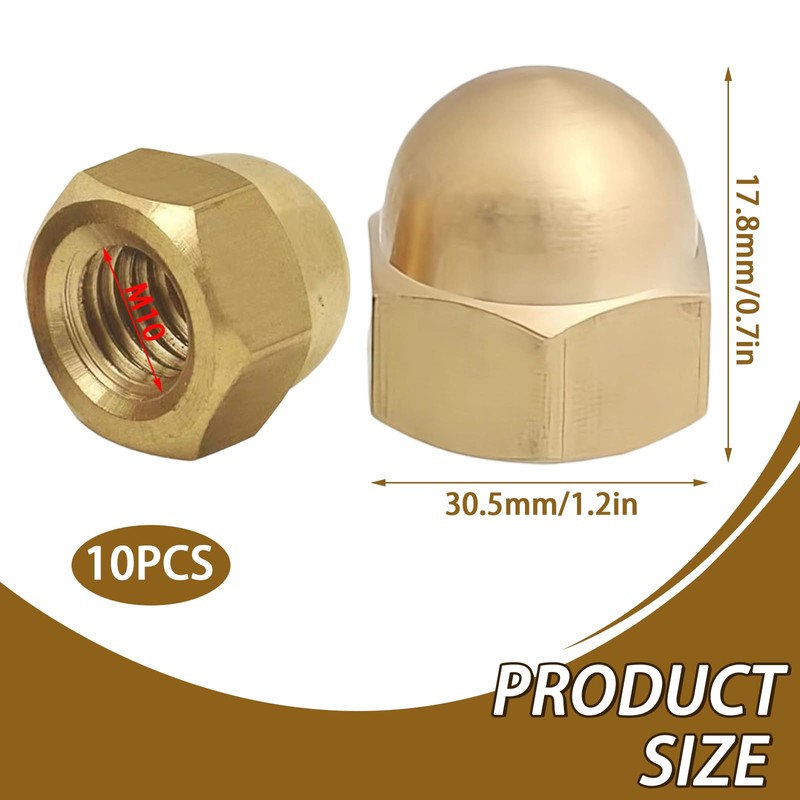PHMING 10pcs Hex Acorn Nuts Cap Nuts M10 Brass GB923