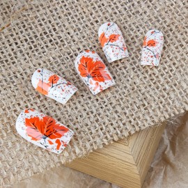24Pcs Fall Press on Nails Medium Square Maple Leaf Fake Nails with Designs Thanksgiving Day False Nail Autumn Red Maple Leaf Stick on Nail Full Cover Glue on Nails for Women