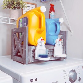 Besuerte Laundry Detergent Holder, Farmhouse Wooden Laundry Station Dispenser Storage Space Holds Liquid Detergent Tub and Fabric Softener Tub, Rustic Grey