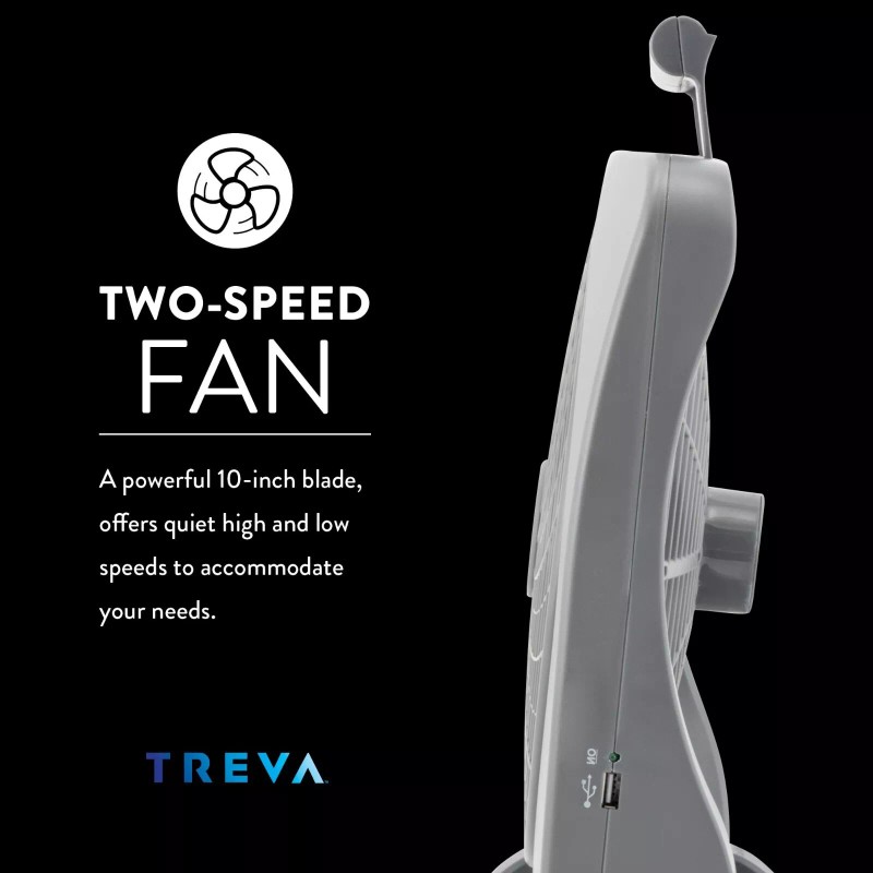 TREVA 10" Smart Power Rechargeable Fan with AC/DC Adapters