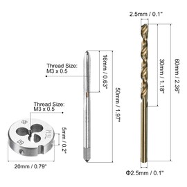 sourcing map Tap and Die and Drill Bit Set, M3 x 0.5 Left Hand Thread Milling Tap and Round Die, 2.5mm Cobalt High Speed Steel Twist Drill Bit