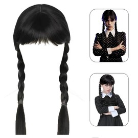 Wednesdays Girls' Wig, Black Carnival, Addam Wig for Children Adults, Wednesdays Wig, Braided Black Wigs, Wigs with Pony Braid, Gothick Costume, Long Tied Wig, black