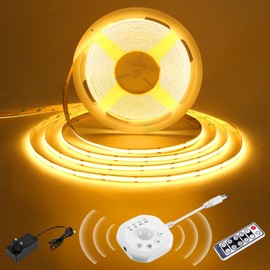 Motion Sensor COB LED Strip 5m, DC24V Dotless LED Tape with Auto On/Off, 4 Timers Modes, Day/Night Lighting Modes, Movement Activated Warm White LED Strip for Stair, Bed, Wardrobe, Kitchen