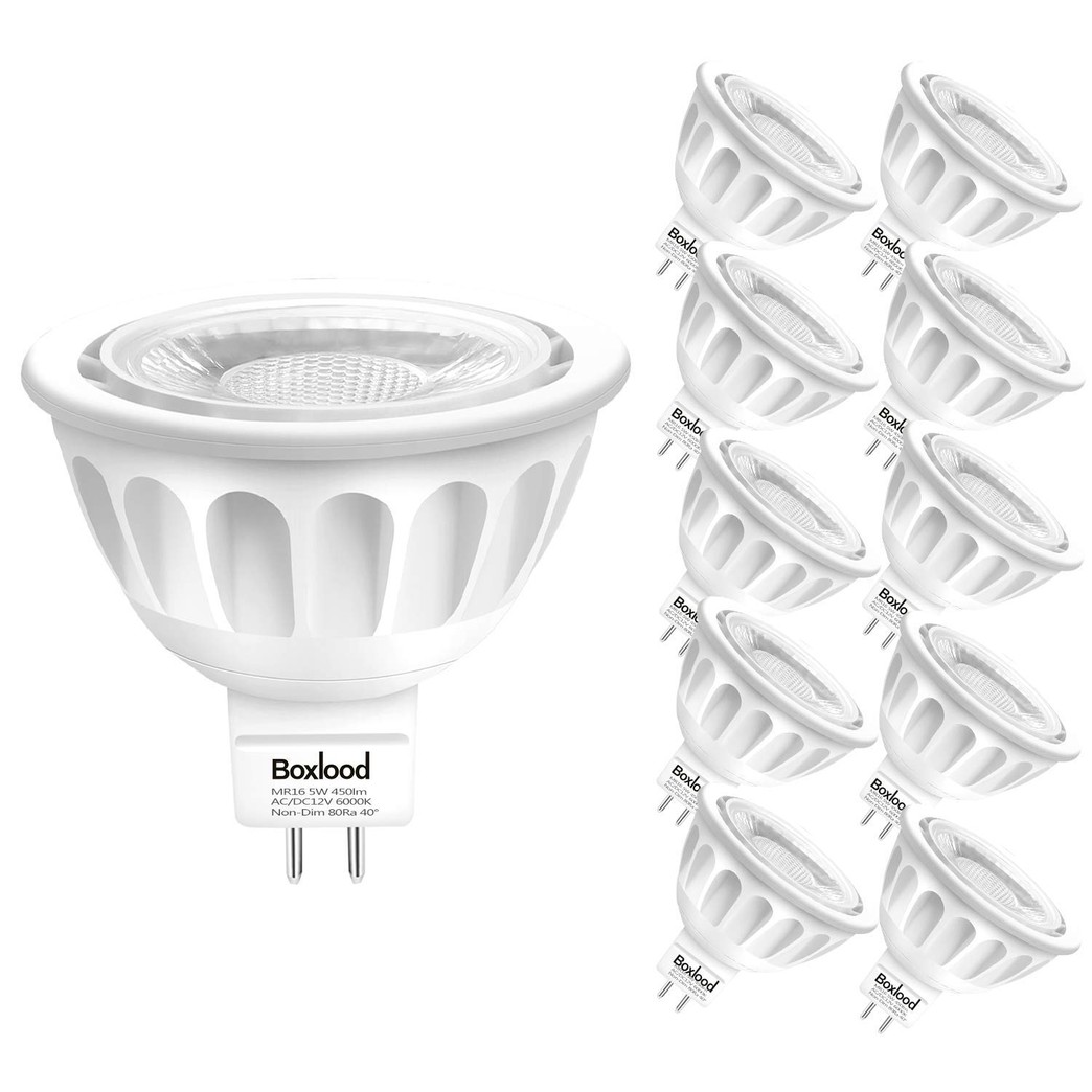 MR16 LED bulbs Non Dimmable 10PACK, 6000K Cool White, Daylight, AC/DC12V, 5W,50W Halogen Bulb Equivalent,90% Energy Saving,40 Degree,GU5.3 Base, by Boxlood