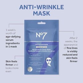 No7 Lift & Luminate - Máscara de lámina de triple acción con suero de triple acción, máscara facial antienvejecimiento reafirmante para la piel radian