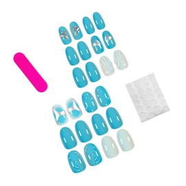 3D Press on Nails Short Round Fake Nails Blue with Water Droplet designs Summer False Nails Cute Beach Stick on Nails Full Cover Glossy Glue on Nails for Women Manicure Art 24pcs