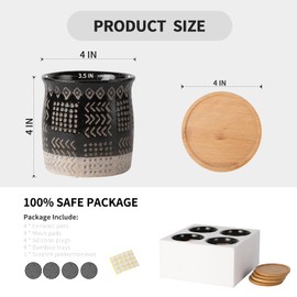 4 Inch Ceramic Plant Pot with Bamboo Tray, Retro Black Small Planters Pots with Drainage Hole & Mesh Pads for Succulent, Indoor Flowers, Snake Plants, Cactus, Herbs, Aloes - 4 Packs