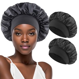 AILONSHAWN Satin Bonnet for Curly Hair Bonnet Silk Bonnet for Sleeping Women Sleep Cap Silk Night Cap Large Shower Sleep Hat Black 2 Pack