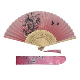 Kibon Folding Fans, Handheld Fans, Hand Fans, Bamboo Fans with Tassel for Birthday Gifts Dancing Cosplay Wedding Party Props Decoration (pink 1pcs)
