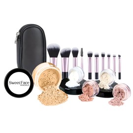 16pc Beginner Mineral Makeup STARTER KIT with 10 BRUSH SET (5gm) Sample Size Foundation, Primer, Blush, Bronzer, Setting Powder for Learning, Occasional Use,First Time Users, Travel Size Kit (Beige)