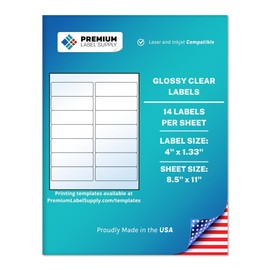 Premium Label Supply Glossy Clear Mailing Labels – 4" x 1.33" – Laser/Inkjet Compatible – (14 per Sheet), 25 Sheets – 350 Total Adhesive Labels